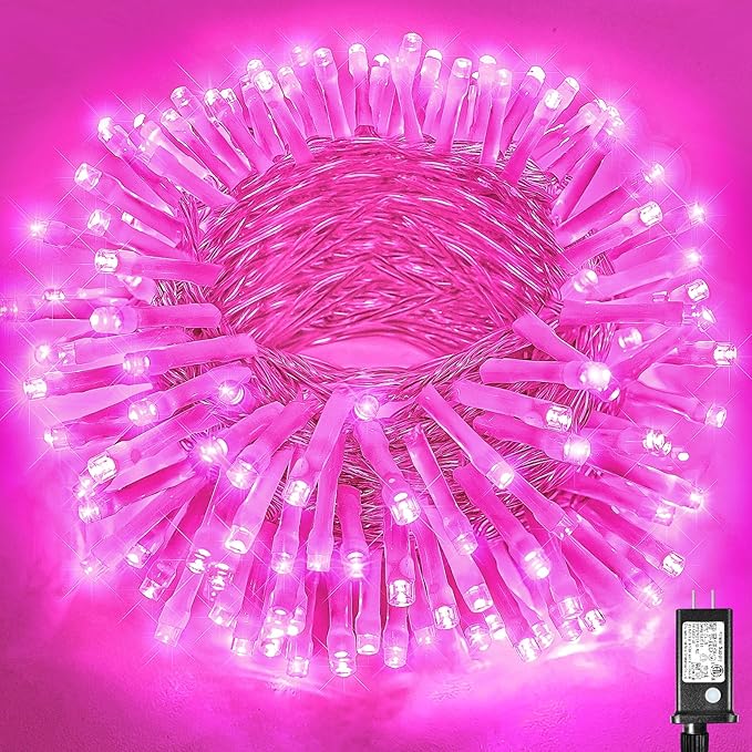 200 LED Pink String Lights, 66ft Pink Christmas Lights Outdoor Waterproof 8 Modes Clear Wire, Connectable Plug in Twinkle Fairy Lights for Bedroom Indoor Wedding Christmas Decorations