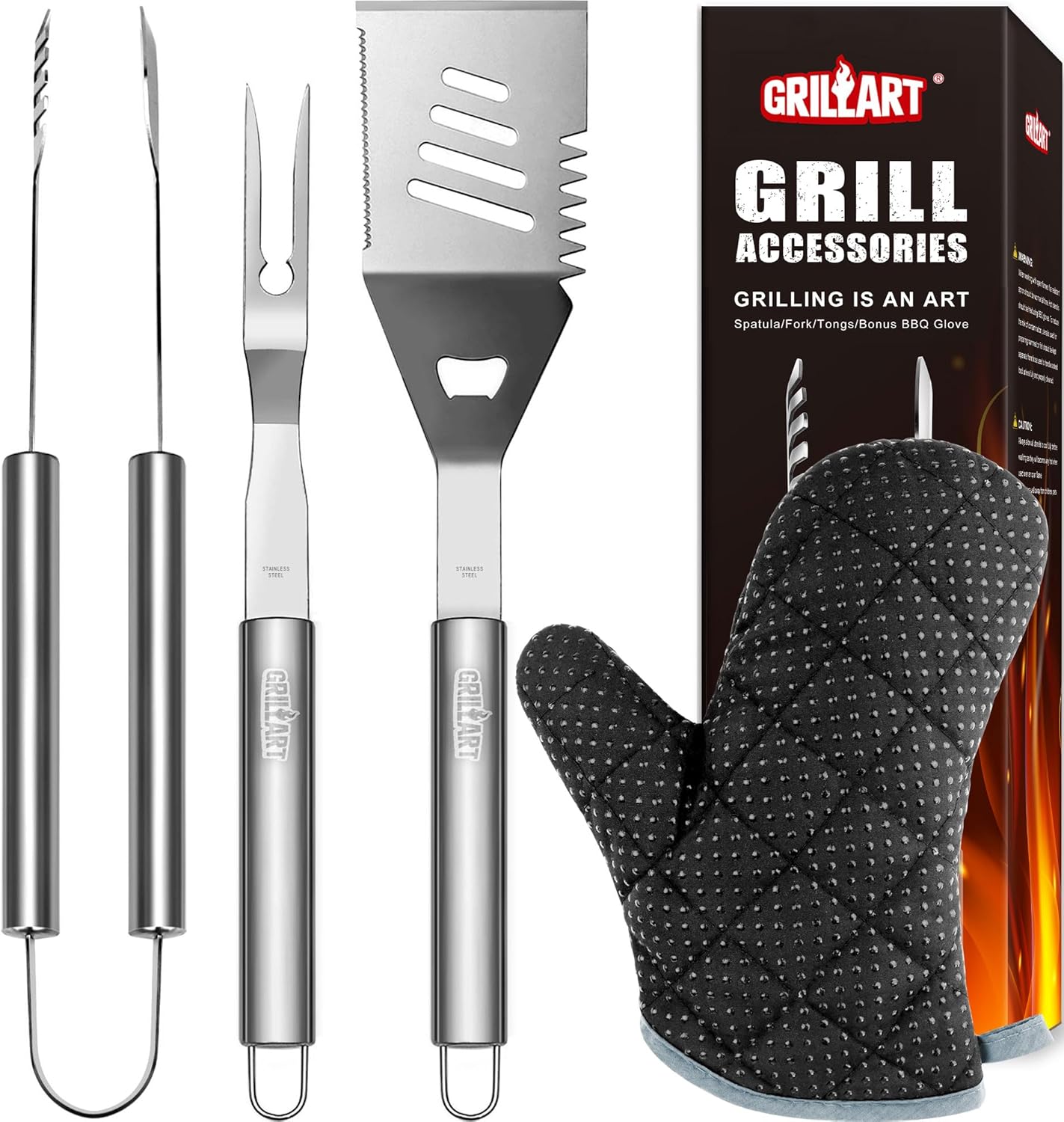 GRILLART Grill Tools Grill Utensils Set - 3PCS BBQ Tools, Stainless Barbeque Grill Accessories -Spatula/Tongs/Fork w/Insulated Glove, Ideal BBQ Set Grilling Tools for Outdoor Grill, Gifts for Men Dad