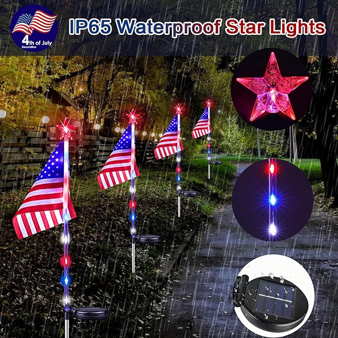 4th of July Decorations Outdoor Solar Lights, 2 Pack Red White and Blue Star Lights for National Day with American Flag, 2 Modes Waterproof Solar Patriotic Light for Independence Memory Day Yard Path