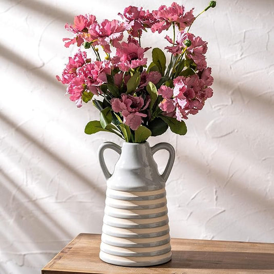 Ceramic Grey and White Checkered Stripes Vase with Handles, Hand-Painted Modern Bohemian Floral Vases Home Decor, Cottage Core Decor, Flower Vases for Bouquet Tabletop Bedroom Office Bookshelf 8.9 in