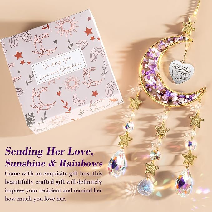 Best Friend Birthday Gifts for Women Unique, for Friends Female, Long Distance Friendship Gifts for Women BFF Bestie Sister Gifts, Moon Crystal Suncatcher for Window Hanging Decor