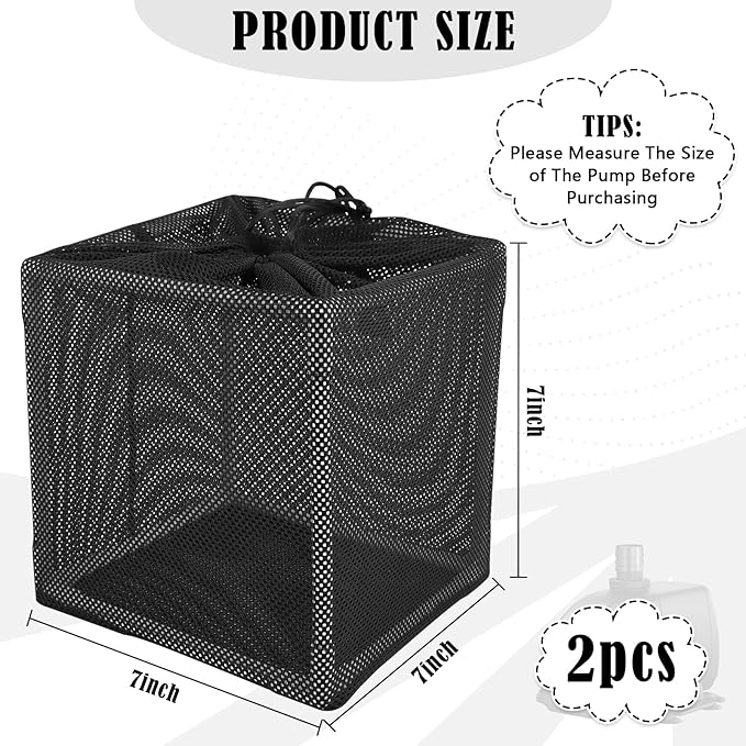 2 PCS Pond Pump Filter Bag, 7 Inch Pond Filter Box with Drawstring, Anti-Clogging Pump Barrier Bag Pump Mesh Bag for Outdoor Water Ponds Filters Pond Biological Filters