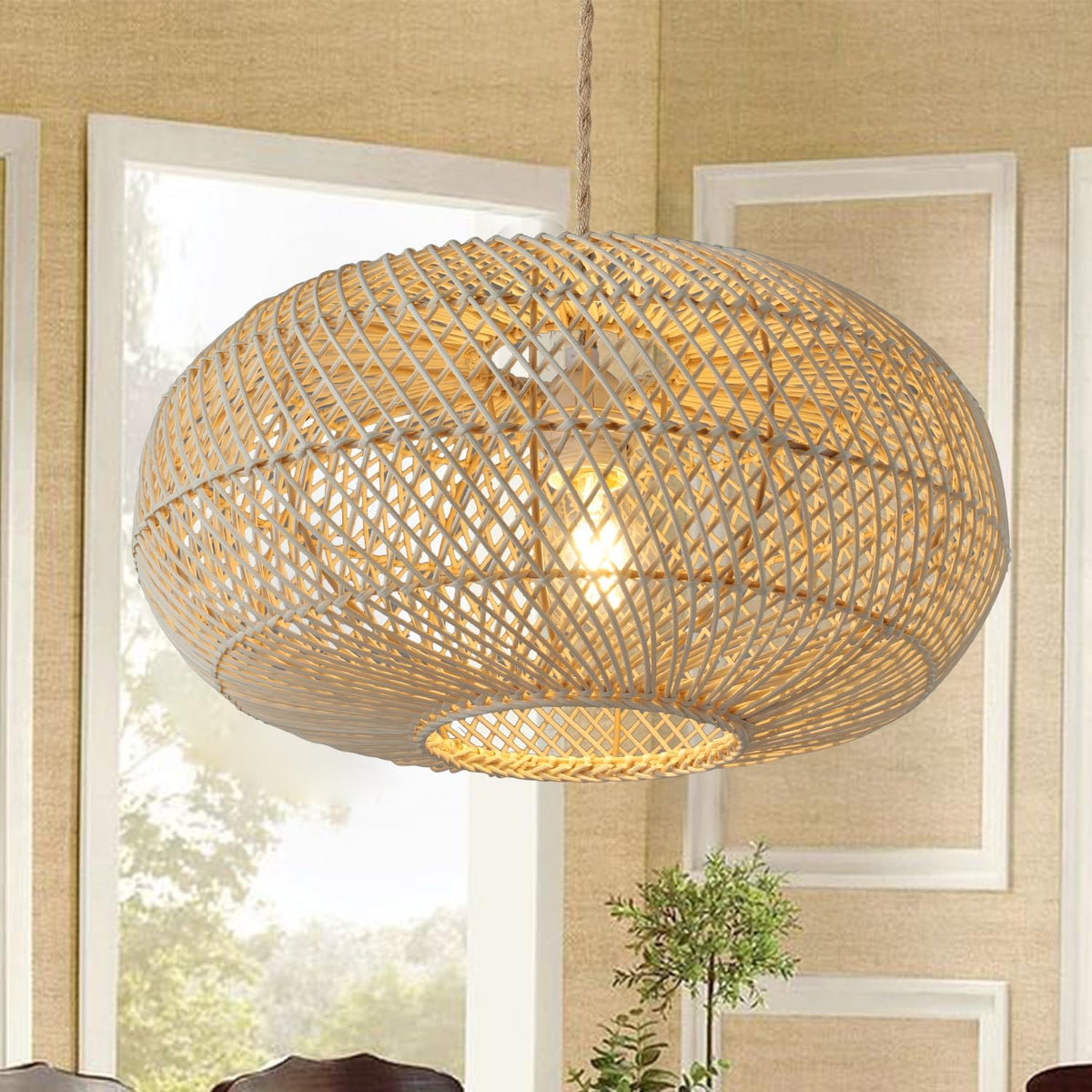 Rattan Pendant Light 16" 1-Light Hand-Woven Rattan Hanging Light，Wicker Woven Basket Chandelier，Modern Bohemian Pendant Lamp for Kitchen Island Foyer Farmhouse Porch
