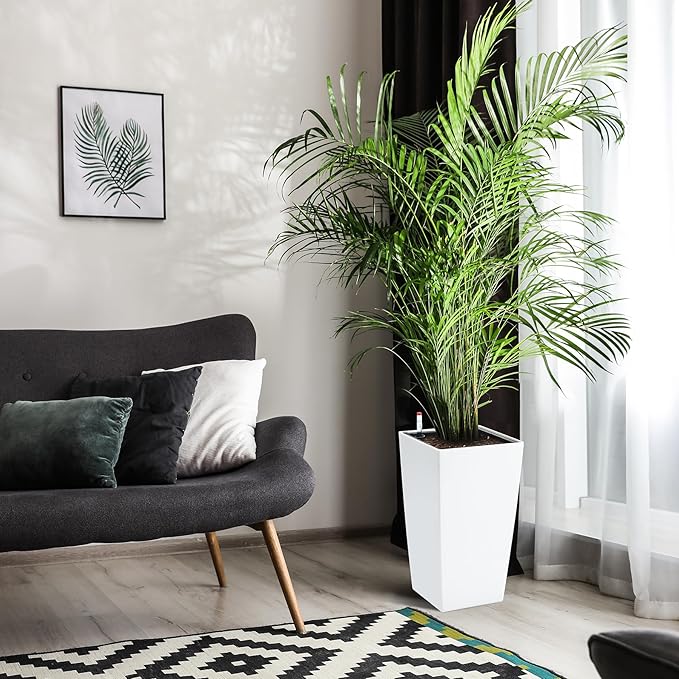 16" Tall Planters Set of 2, Outdoor＆Indoor Black Planter Pots, High Front Porch Planter Pots with Drainage Holes＆Water Level Monitor＆Inner Bucket, Automatic Watering,White