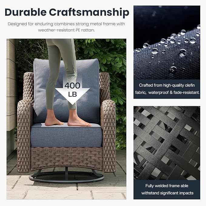 3 Pieces Outdoor Patio Furniture Sets with Single Chairs with 6-inch Thick Cushion and Side Table for Deck Lawn