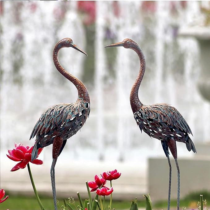 2 Pack Beautiful Heron Outdoor Garden Statue Ornament Realistic Metal Heron Lawn Yard Patio Decorations Art Sculpture Outside Decor Gift for Women Grandma Birthday,48" Tall Brone Heron