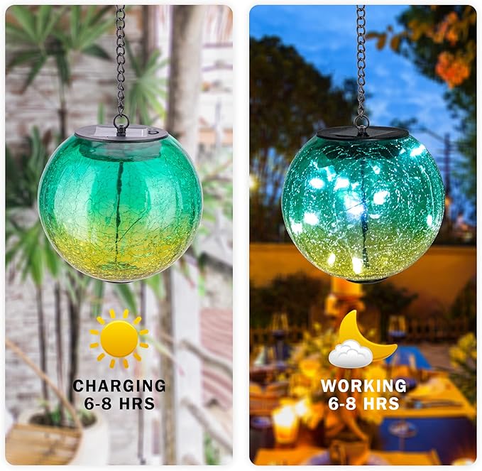 Hanging Solar Lights Outdoor Solar Lanterns Outdoor Decorative Cracked Glass Ball Lights Solar Powered Waterproof LED Globe Lantern for Outdoor Porch Patio Garden Decor Gift Green