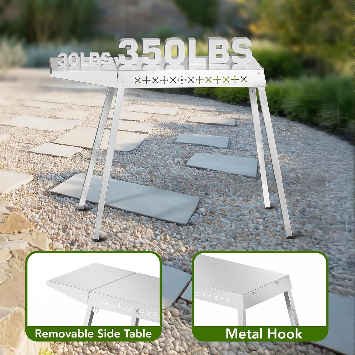 Food Grade 304 Stainless Steel BBQ Grill Table fits Tabletop Griddle, Outdoor Grill Table with 4 Foldable Legs, Portable Grill Stand for RV, Camping, Tailgating