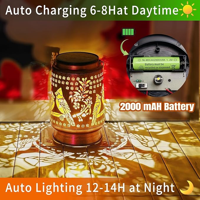 Cardinal Solar Lanterns Outdoor Waterproof, 5.9" Dia, 8.7" H Large Solar Lantern Light with Upgraded 2000mAH Battery, Birthday Gifts for Women Mom Grandma, Garden Decor for Patio Yard Lawn