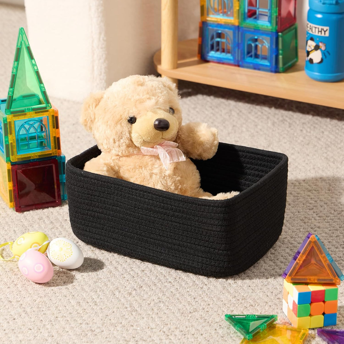 Small Storage Baskets for Organizing | Closet Organizer Bins | Shelf Toy Basket | Woven Rope Baskets | Cube Decorative Box | Shallow Basket | 11.5x7.5x4.7” | 4 Packs Black