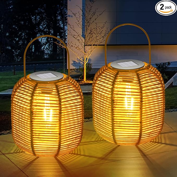 HPC Decor 2 PK Solar Lanterns-Outdoor Solar Lanterns Waterproof, Rattan Solar Lights, Hanging Solar Lanterns Outdoor,Solar Lamp Lights,Decoration Lights for Garden,Patio,Porch,Trees,Pathway,Outside.