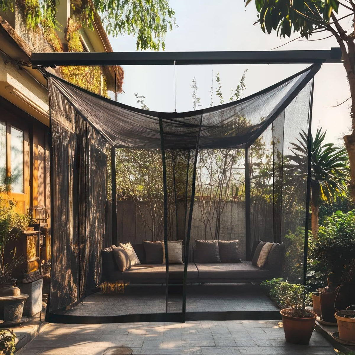 Mosquito Net for Patio 13 x 10 FT | Very Large Sizes & Fabric Designed for Outdoors | Insect House Screen Netting for Gazebo, Porch & Garden Terrace | Black Outside Canopy Bug Protection