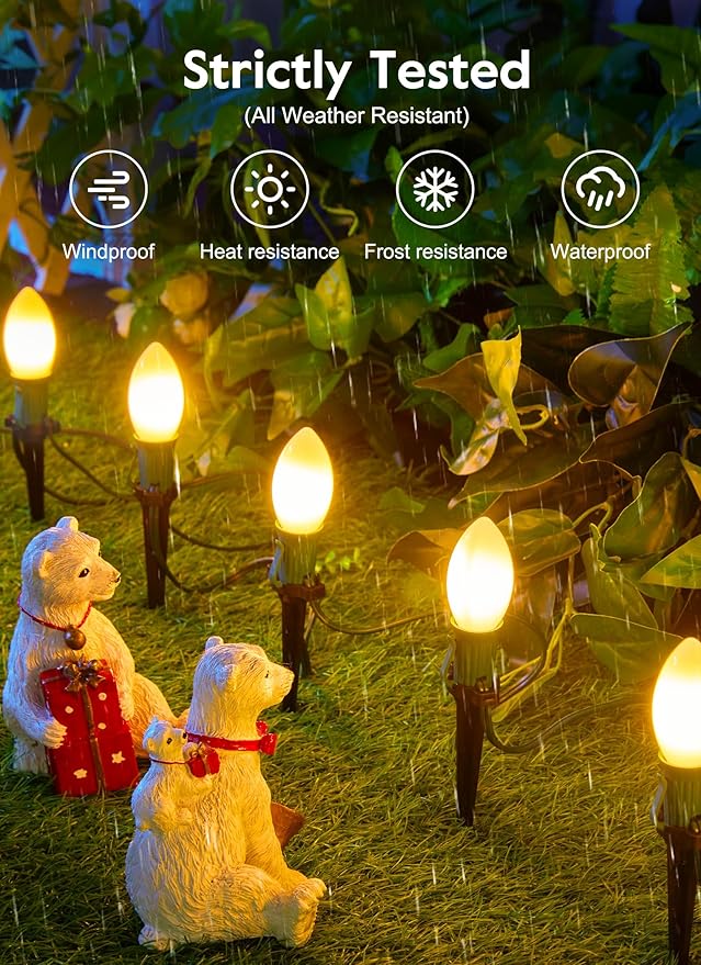 Brightown Frosted C9 LED Christmas Lights Outdoor, 2 Packs Total 64Ft Christmas Pathway Lights with 50 LED Bulbs and Stakes, Christmas Decorations Outside Driveway Walkway Sidewalk, Warm White