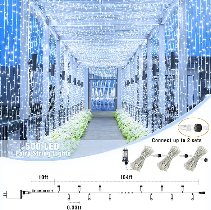 500 LED Christmas Lights Outdoor - 165FT Super Long Christmas String Lights 8 Modes Waterproof Plug in Fairy Lights with Timer Memory for Indoor Xmas Tree Holiday Party House Decorations, Cool White