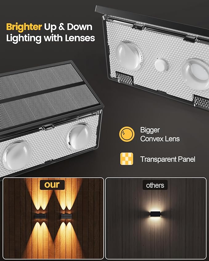 Bridika Solar Fence Lights Outdoor, 6 Pack Up and Down Wall Light, 8 Colors Lens LED Dusk to Dawn Solar Lights Outdoor Waterproof for Patio, Deck, Backyard, Garden