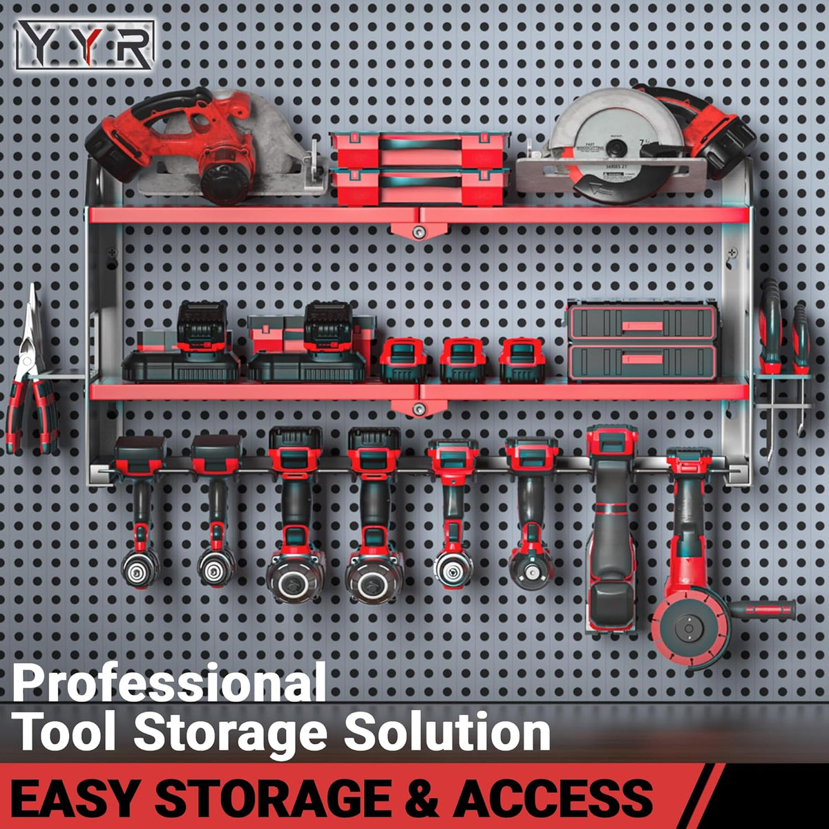 YYR Power Tool Organizer Wall Mount, Cordless Drill and Battery Holder, Electric Tools Hanger Storage Rack with Charging Station, Garage Organization Floating Shelf - Made of Heavy Duty Metal, Red