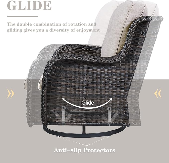 5 Pieces Patio Wicker Furniture Set - 4 Outdoor Swivel Rocker Glider Chairs with Propane Fire Pit Table, Warm Patio Conversation Set Beige Cushion Perfect for Casual Gathering