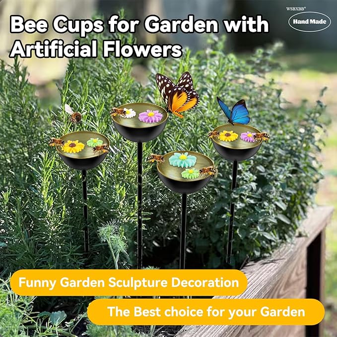 4 Pack Bee Cups For Garden with Artificial Flowers, Bee Waterer And Butterfly Water Stations, Bee Water Catcher Cups For Thirsty Pollinators, Bee Bath, Colorful Metal Garden Sculpture Stakes Decor
