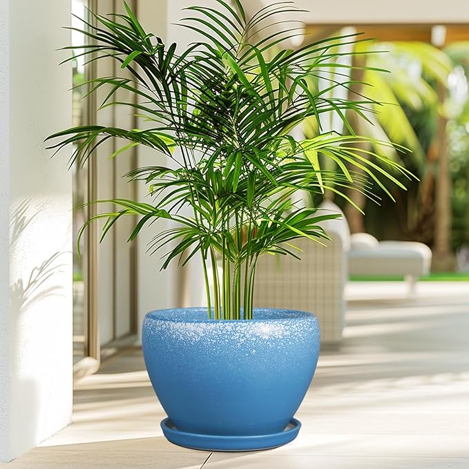 Ceramic Planter Pot 10 Inch - Ceramic Plant Pot for Indoor Outdoor Plants, Large Flower Pot with Drainage Hole and Saucer, Blue