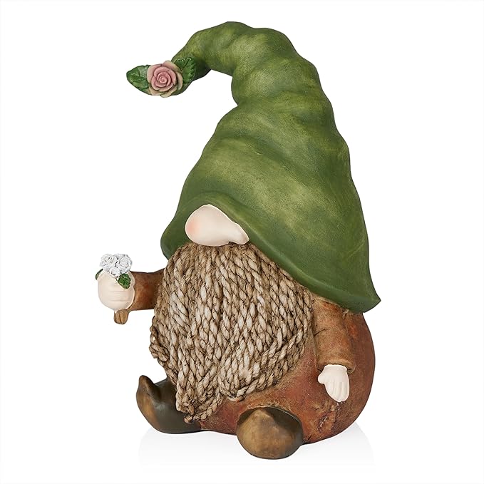 Alpine Corporation QWR1442 Gnome with Green Hat Holding a Flower, Playful Décor for Garden, Patio, & Lawn, 10" H, Multicolor