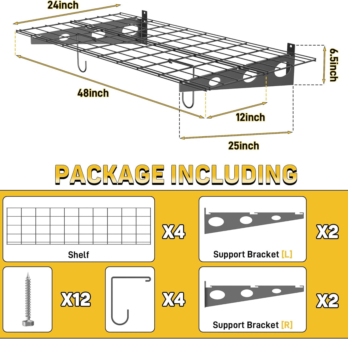 Ultrawall Garage Wall Shelves, 2 x 4 ft Wall Mounted Storage Shelves, Heavy Duty Wall Shelving with Hooks, Holds Up to 220 Lbs, 2Pack, Black