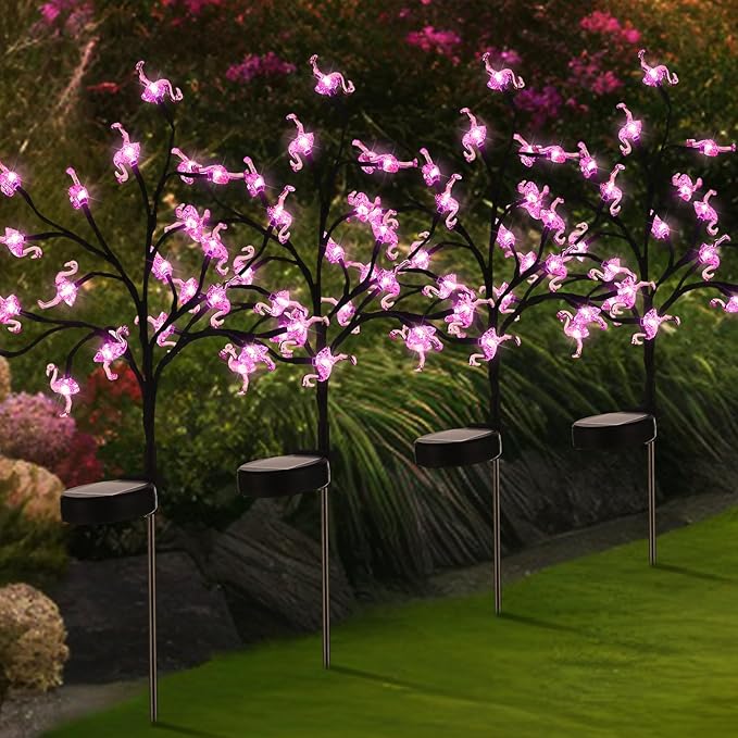 4 Pcs Pink Flamingos Yard Decoration Solar Flamingo Stake Lights Outdoor LED Yard Decorations for Pathway Lawn Patio Walkway Christmas, 29.5" Height