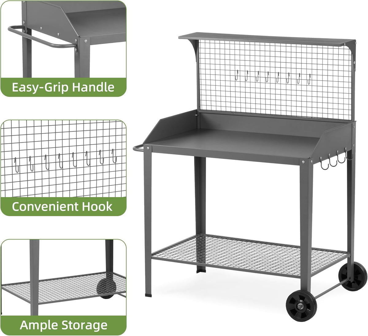 Outdoor Metal Potting Bench with Wheels, Heavy Duty Garden Workbench Table with Storage Shelf (Dark Gray, 52.8"x36.6")