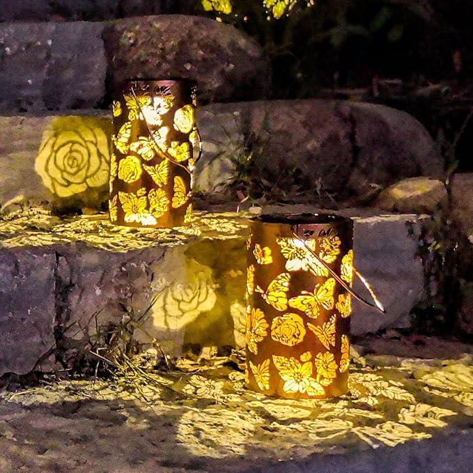 2 Pack Butterfly Solar Gardening Gifts Lanterns Decorative Outdoor, Flower Pattern Solar Hanging Lights Waterproof, Garden Decor Gifts for Women Mom Grandma, Yard Gifts for Patio, Pathway
