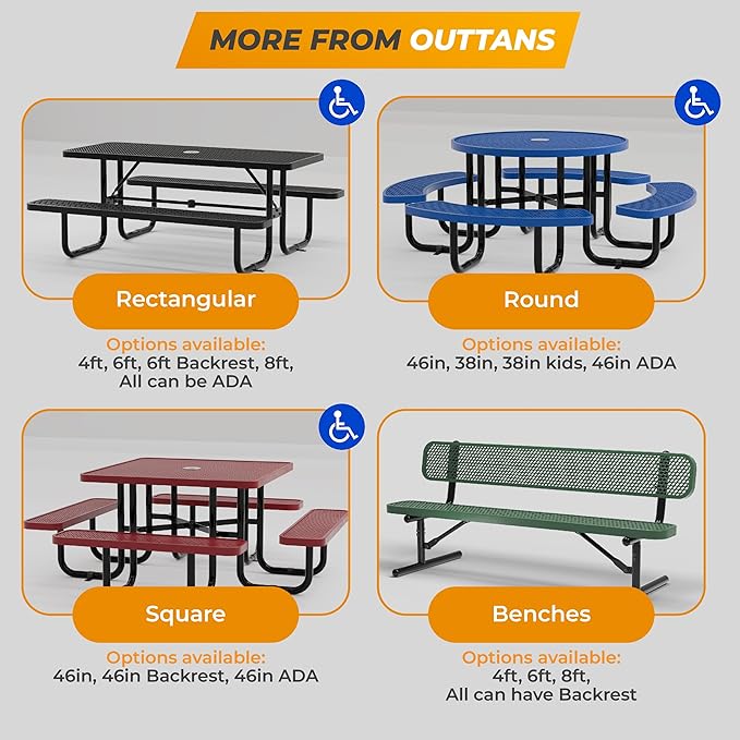 Metal Picnic Tables for Outdoors with Umbrella Hole - Coated Steel Heavy Duty Commercial Grade Table with Adjustable Seats (Black, 46 in, Round, Expanded Steel)