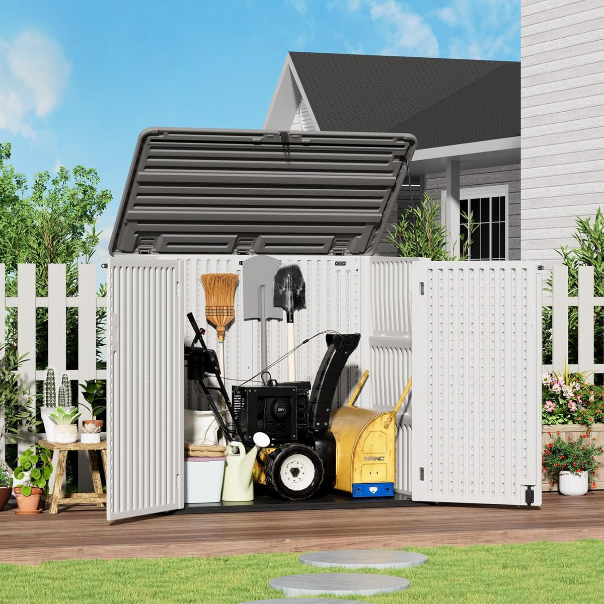 ZZM Large Outdoor Storage Shed, 48 Cu Ft Resin Versatile Storage Cabinet for Patio Accessories, Trash Cans & Garden Tools, Durable Horizontal Storage Box with Lockable Lid (White)