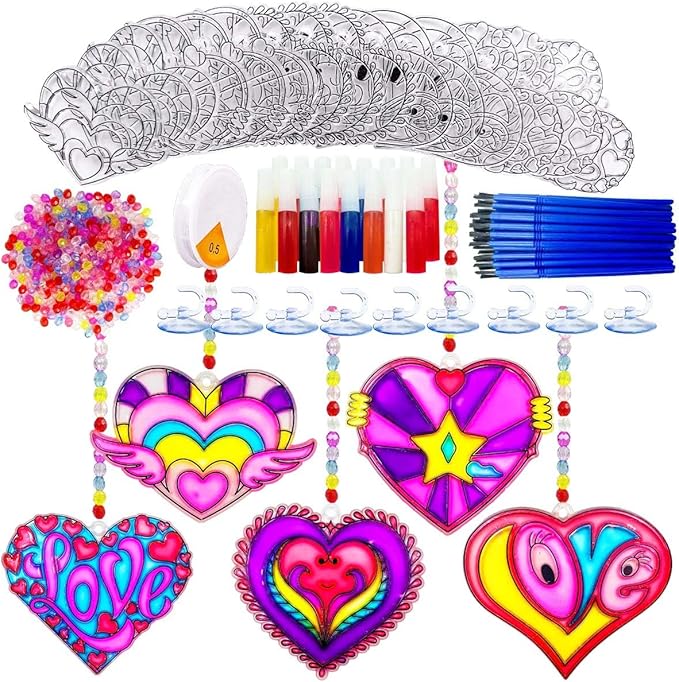 AUEKIV 30 Sets Valentine's Heart Suncatchers Craft DIY Kit Window Paint Art Suncatchers Valentine's Day Heart Sun Catcher Art Crafts Supplies for Valentine Gift Exchange Classroom Activities
