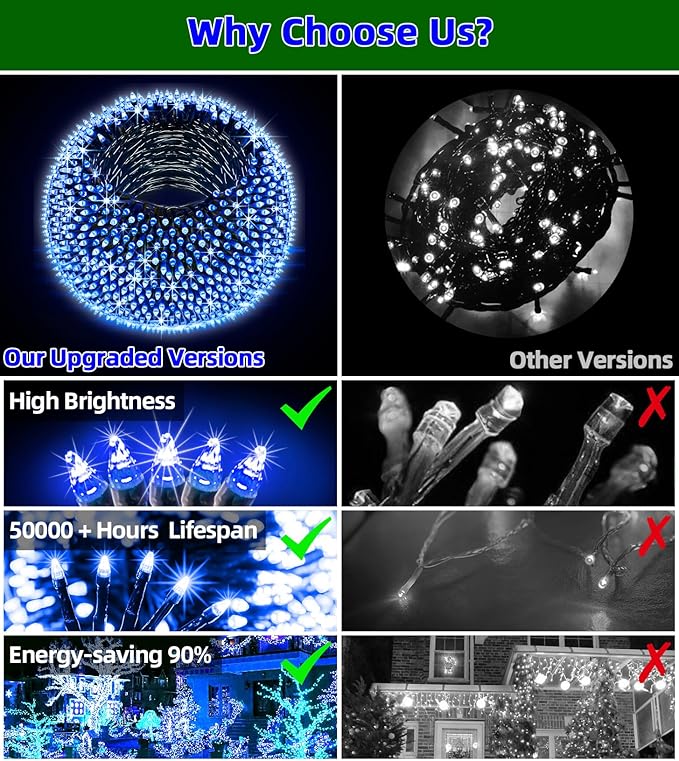 1500 LED 492ft Outdoor Christmas Lights Decorations, Green Wire LED String Lights with Timer Memory, Twinkle Lighs for Indoor Outdoor Party, Tree Wedding, Garden, Patio (Blue)