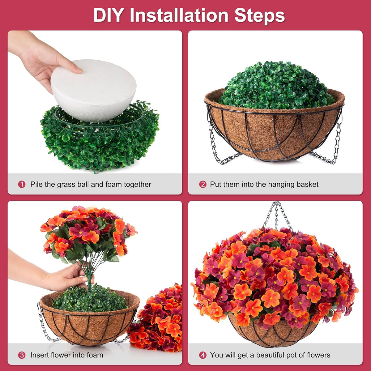 Fall Artificial Hanging Flowers with 12" Basket for Outdoor Decor, Fake Hydrangea UV Resistant Arrangements in Pot Planter Decor for Indoor Porch Garden Yard(Orange Brown)