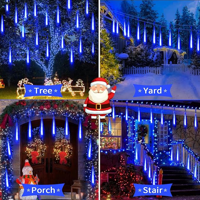 Christmas Meteor Shower Lights Outdoor - 12 Inch 10 Tube 360 LED High Brightness Falling Rain Icicle Cascading Lights for Xmas Tree Roof Eaves Patio Decor