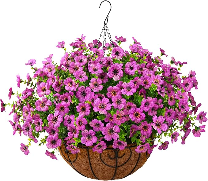 Artificial Faux Hanging Plants Flowers Basket Outdoor Porch Garden Spring Decoration, Fake Silk Daisy in Planter Realistic UV Resistant for Outside Home Patio Balcony Yard(Purple)