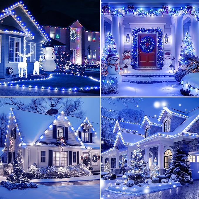 Brightown C9 LED Christmas String Lights, 66ft 100 LED Waterproof Strawberry String Lights, Plug-in Extendable Green Wire Lights String for Outdoor Outside Patio Party Decoration, Blue and White