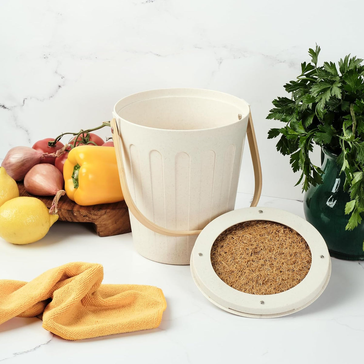 Martha Stewart Indoor Compost Bin | Countertop Composting Bucket for Kitchen | .7 Gallon Capacity | Includes Filter | Plant Based Materials | Linen White