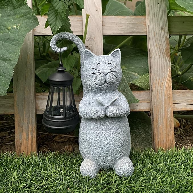 Cat Garden Statue Solar Lights Outdoor-Resin Cat Figurine for Garden Patio Balcony Porch Yard Decor, Halloween Decorations, Birthday Gifts for Women Mom Grandma, Cat Lover Housewarming Gifts