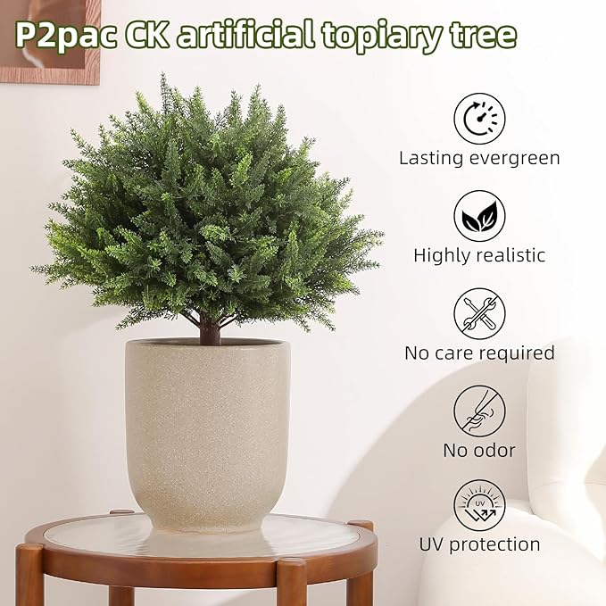 23.6Inch Artificial Cedar Topiary, 2 Pack UV Resistant Faux Evergreen Shrubs with Ground Spikes, Indoor Outdoor Potted Plants for Porch, Garden, Front Door Decor