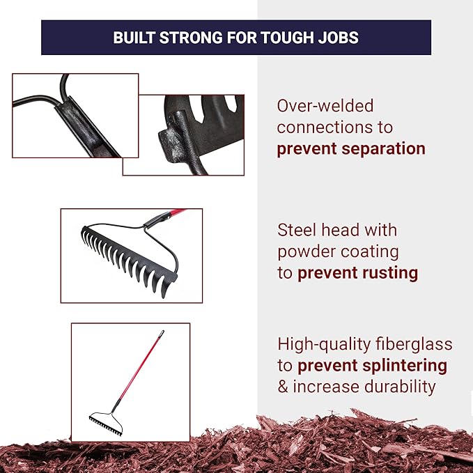 BULLY TOOLS 92309 12-Gauge 16-Inch Bow Rake with Fiberglass Handle and 16 Steel Tines, 58-Inch