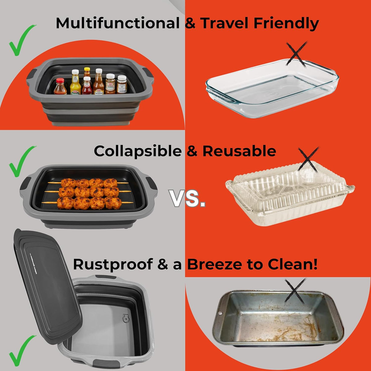 Collapsible X-Large (16L) BBQ Marinating Tub w/Cutting Board | Multipurpose Food-Grade TPE Prep Tub w/Lid | Built-In Colander & Drain Plug - For Camping | Tailgate | Picnic - Slate Black