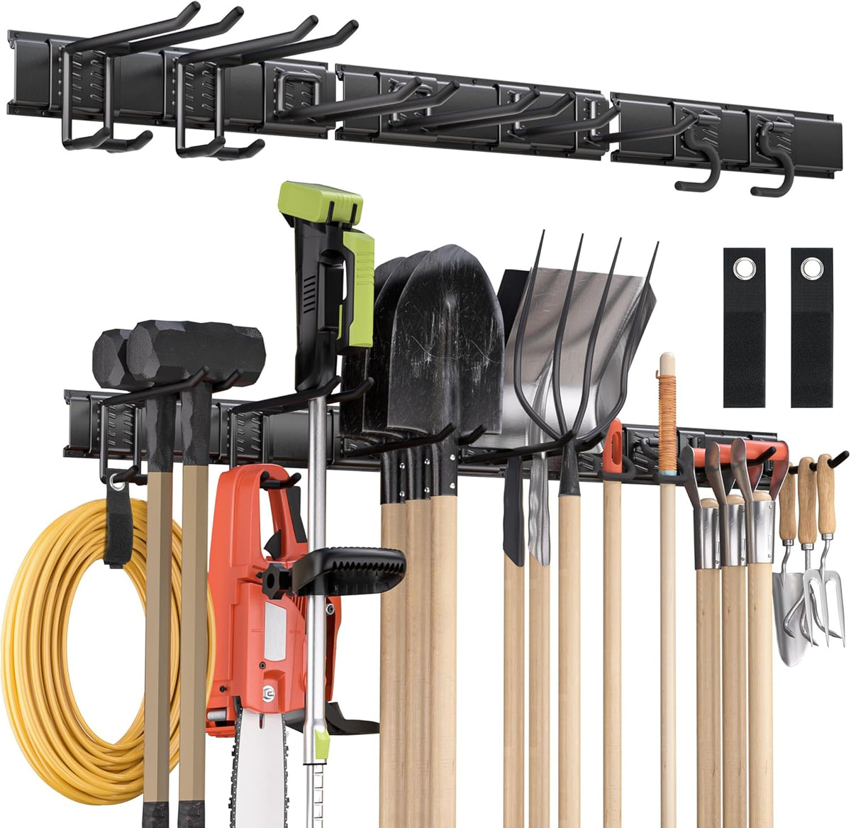 Garden Tool Organizer Wall Mount, 48 inches Tool Storage Rack with Adjustable Hooks, 600lbs Adjustable Heavy Duty Metal Hooks, Yard Shed Rack Holder System Hanging Rake Broom Mop, Father's day gifts