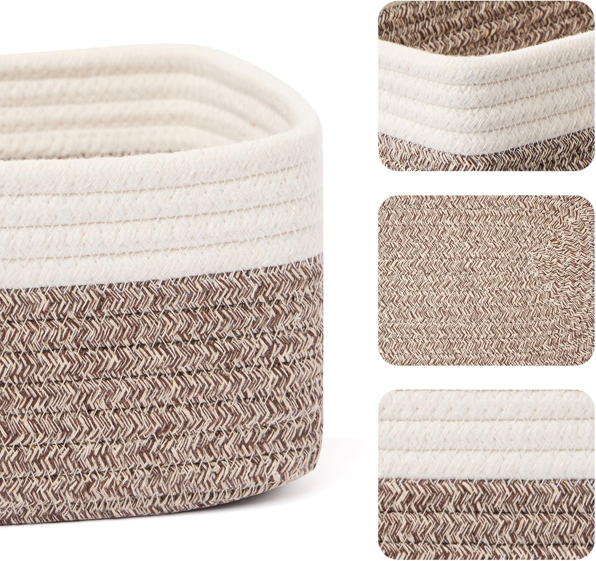 Small Storage Baskets for Organizing | Closet Organizer Bins | Shelf Toy Basket | Woven Rope Baskets | Cube Decorative Box | Shallow Basket | 11.5x7.5x4.7” | 3 Packs White Brown