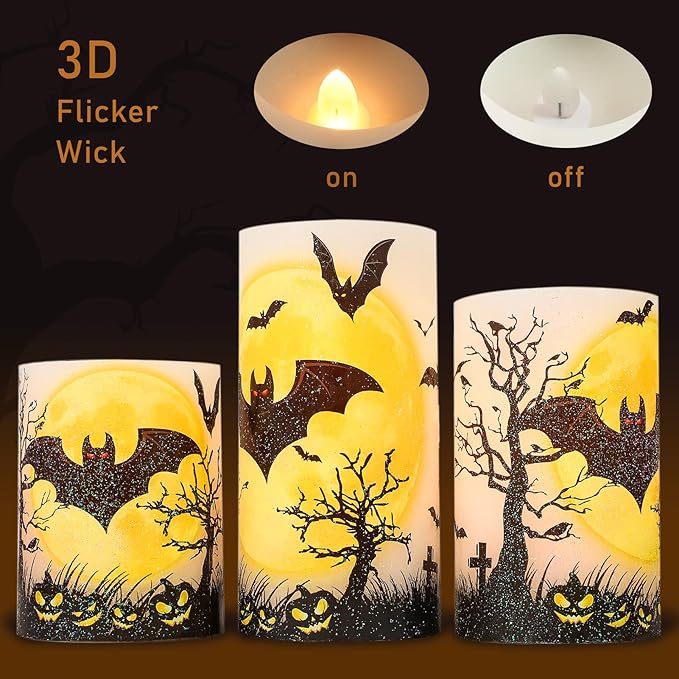 Halloween Decorations LED Candles with Bats Moon Big House Pumpkin Battery Operated Remote Timer Dim Glitter Design Real Wax Realistic Flickering Flameless Pillar for Horror Spooky Decor