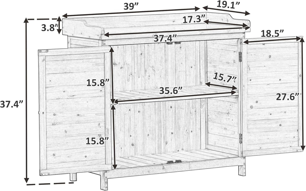 Merax Outdoor 39" Potting Bench Table, Rustic Garden Wood Workstation, Storage Cabinet with 2-Tier Shelves and Side Hook, Grey