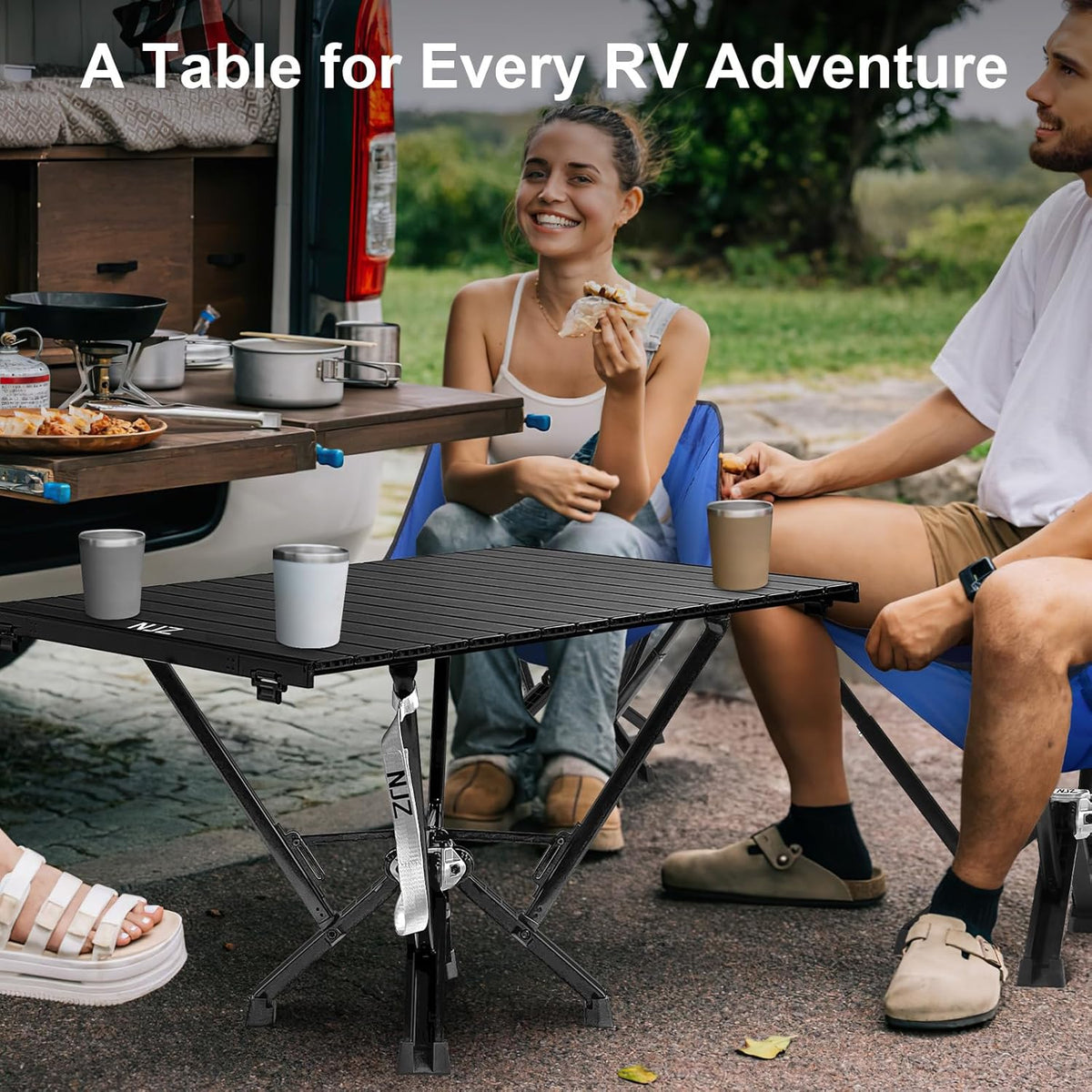 Folding Outdoor Camping Table, Aluminum Roll-Up Top and Carry Bag, 380 LBS Capacity, Lightweight Portable Tables for Picnic, BBQ and Tailgating.(Black)