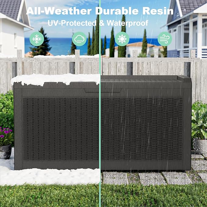 60 Gallon Resin Deck Box, Lockable Outdoor Storage Box for Patio Cushions Storage Furniture,Garden Tools, Pool Supplies, Weatherproof and UV Resistant（Black Rattan）