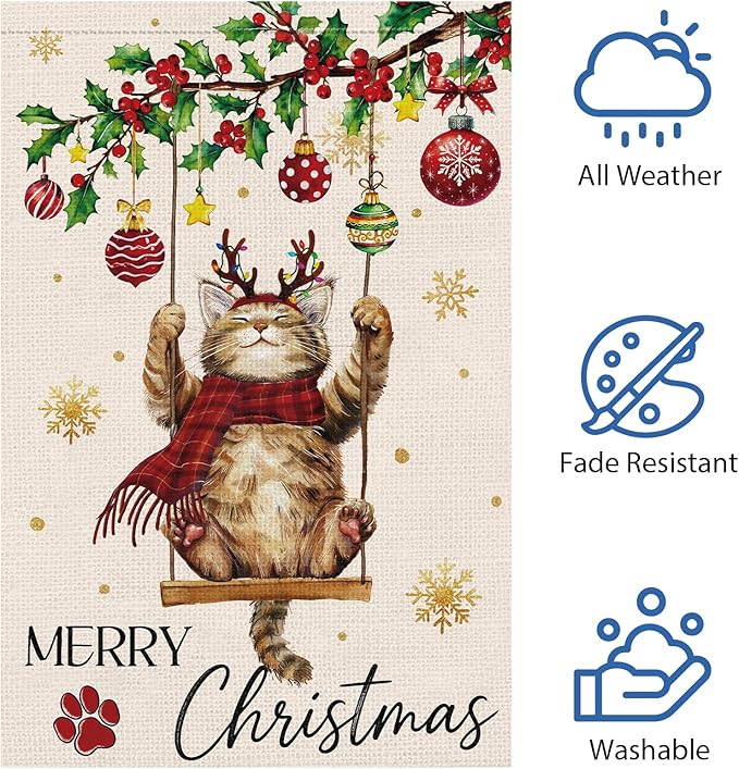 Heyfibro Merry Christmas Cute Cat Swing Garden Flag 12x18 Inch Double Sided Burlap, Retro Christmas Ball Snowflake Yard Banner for Winter Holiday Xmas Seasonal Outdoor Decoration(ONLY FLAG)