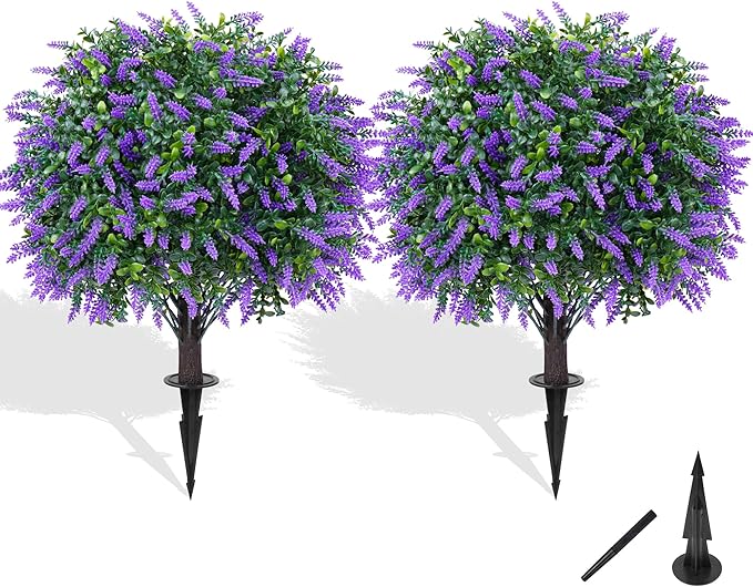 Artificial Boxwood Topiary Ball with Lavender, Set of 2 Artificial Shrub Bushes with Ground Spike, Fake Evergreen Tree for Porch, Artificial Plants for Outdoor Planters Indoor UV Resistant