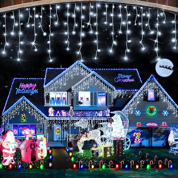 Hezbjiti Christmas Lights Decorations Outdoor, 800 LED 65.6 FT 8 Modes 150 Drops Fairy String Curtain Lights for Christmas Decor Eaves Window Party Yard Garden Indoor (Cold White)
